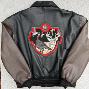 VTG North American Hunting Club Black Brown Leather Bomber Jacket Life Member XL